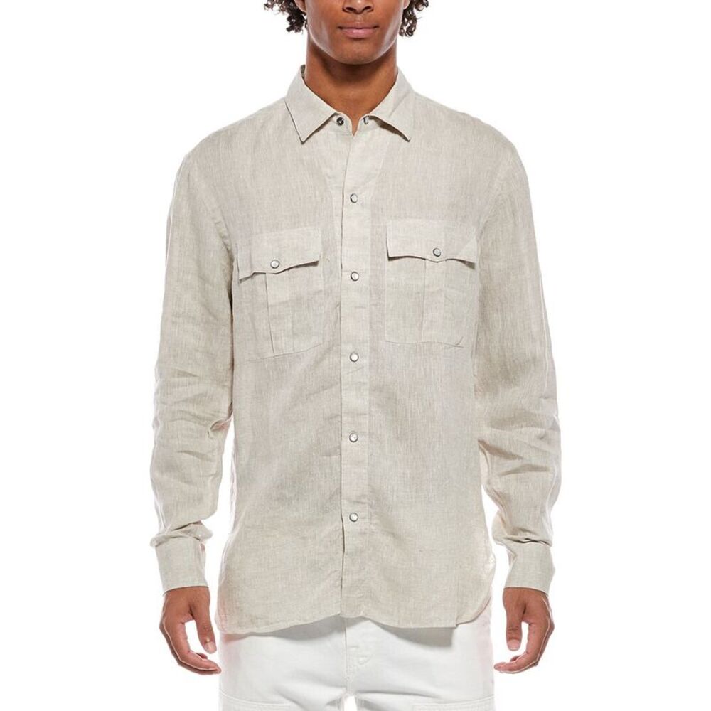 Isaia Mens  Cam212 Linen Sport Shirt, Beige